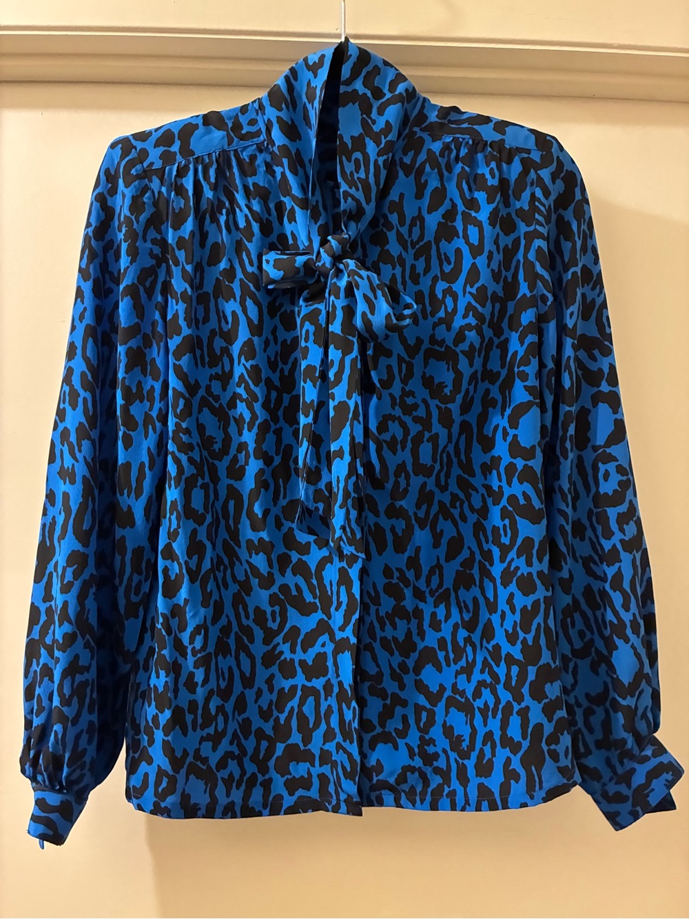 Vintage Silk Tie-Neck Animal Print Blouse - Blue Leopard